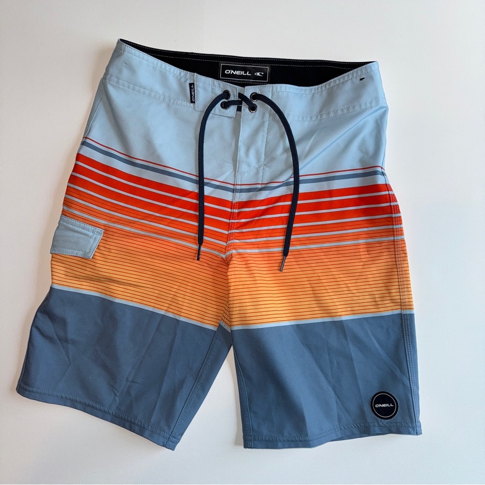 O'Neill Men's 19" Board Shorts Blue & Orange Stripe Size 27 Surf Beach Vacation